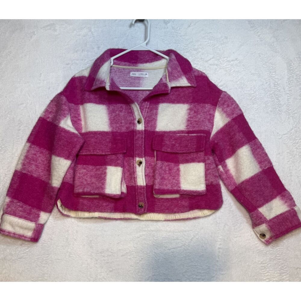 Zara Kids Girls Pink White Buffalo Check Plaid Fuzzy Shacket Jacket Size 13-14